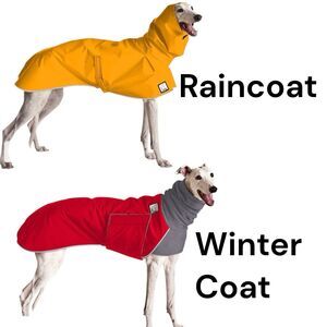 Voyagers K9 Apparel Greyhound Red Winter Coat and Yellow Raincoat Size Large EUC